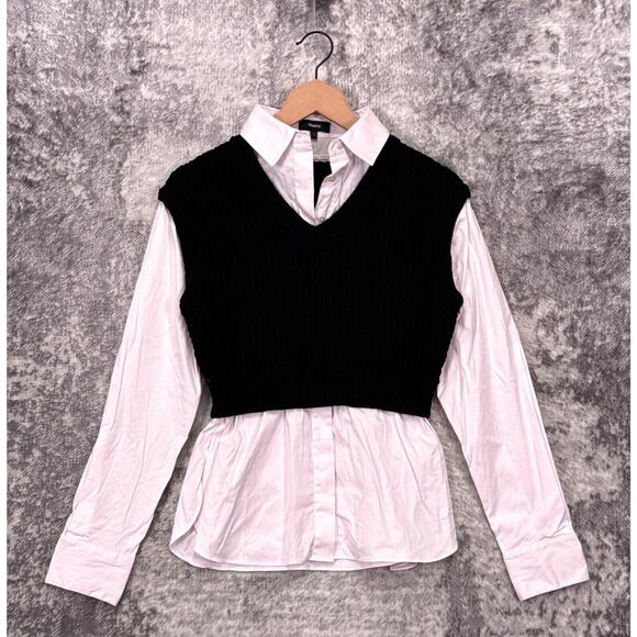 Theory Top Small Womens Woven Combo Sweater Shirt Vest Twofer Black Knit - Picture 1 of 8